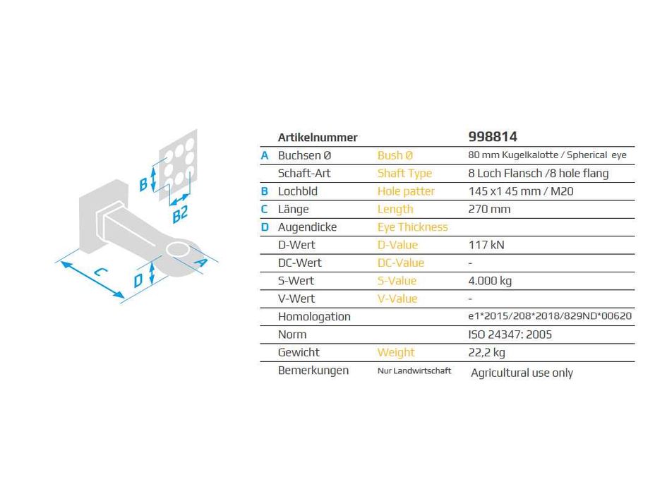 Ucho dyszla K80, 145x145, zaczep kulowy, chochla SOLIDNA !!!