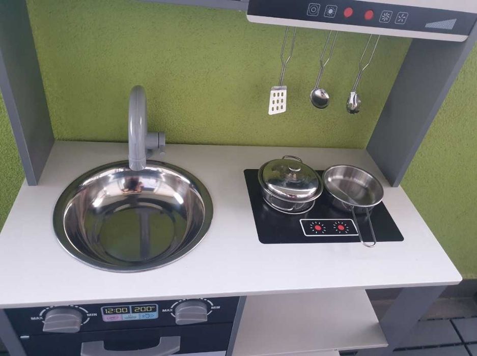 Drewniana kuchnia dla dzieci interaktywny okap akcesoria 100cm