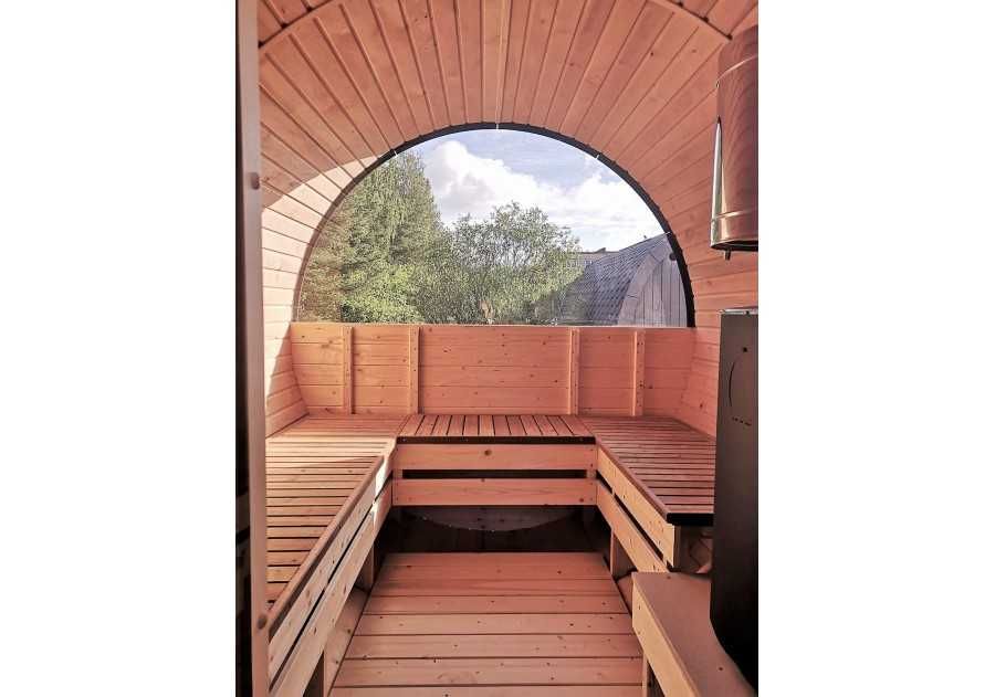 Sauna ogrodowa drewniana OKRĄGŁA 3,5x2,3m beczka, ruska bania, fińska
