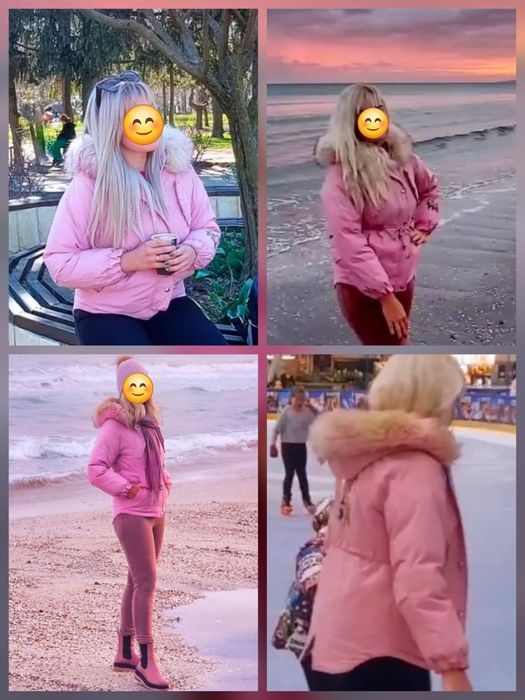 Куртка пуховик парка розовая пудра мех зима теплая