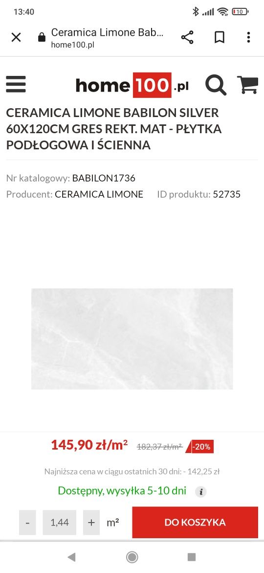 Płytki Ceramica Limone Babilon Silver 11 kartonów x 2 płytki x 1,44m