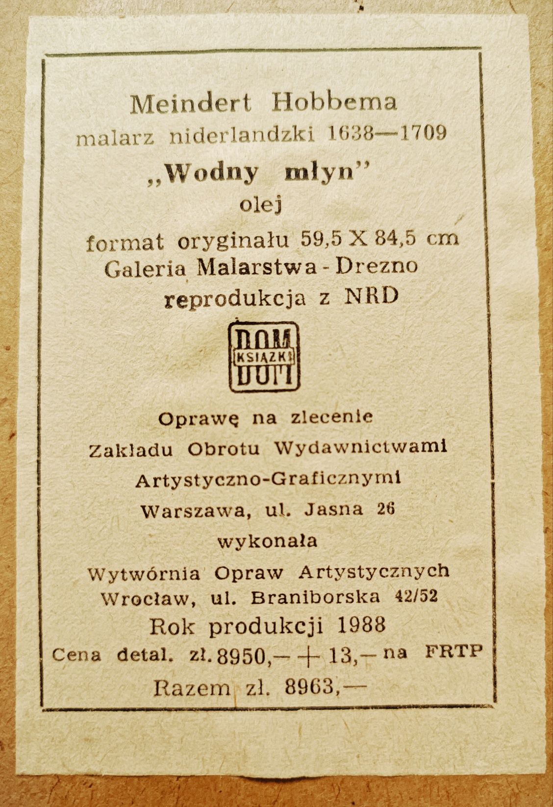 Obraz Meindert Hobbema Wodny Młyn pejzaż, reprodukcja Drezno 1988