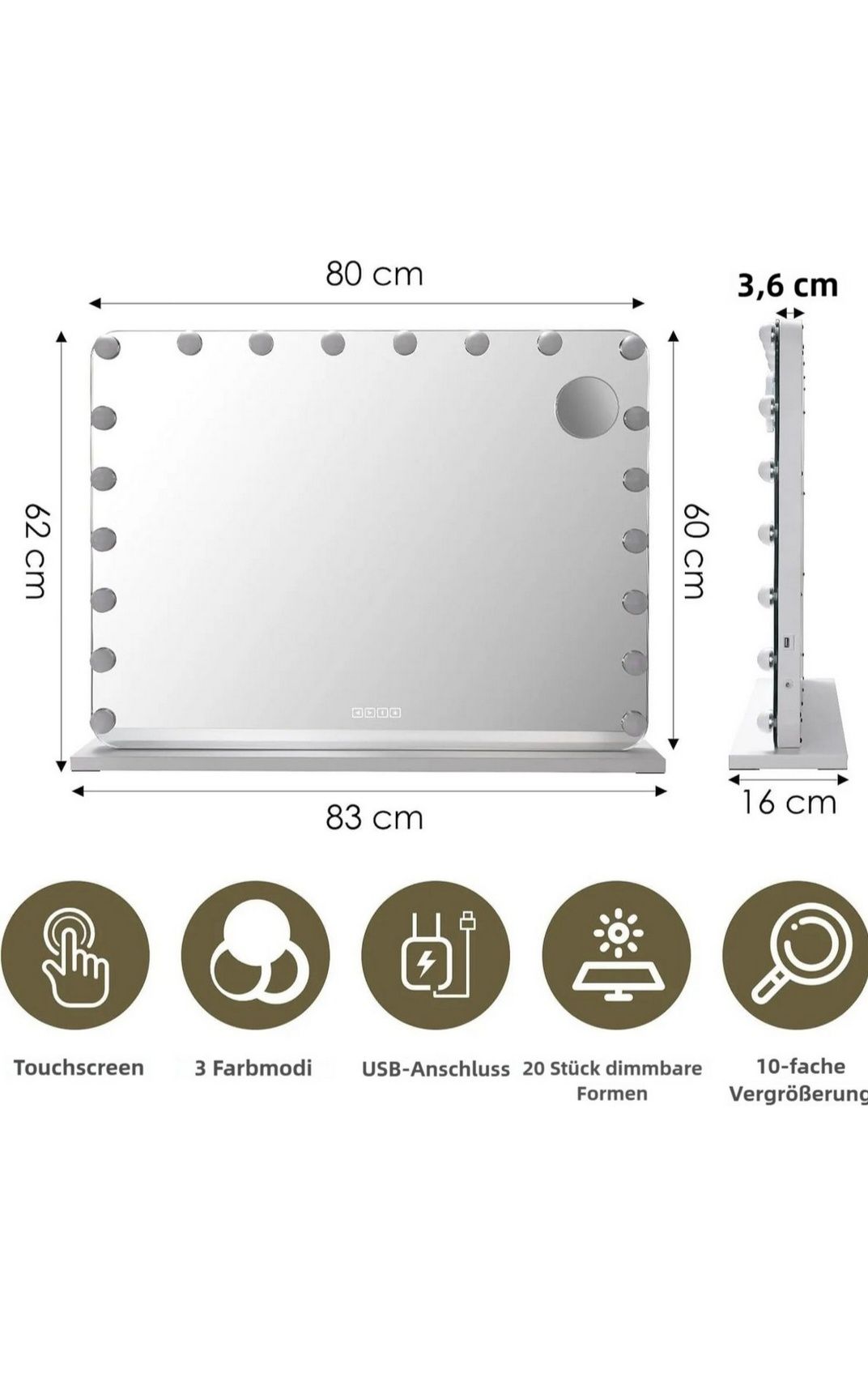 Lustro LED 58x46cm wbudowane głośniki, połączenie bluetooth,stacja USB