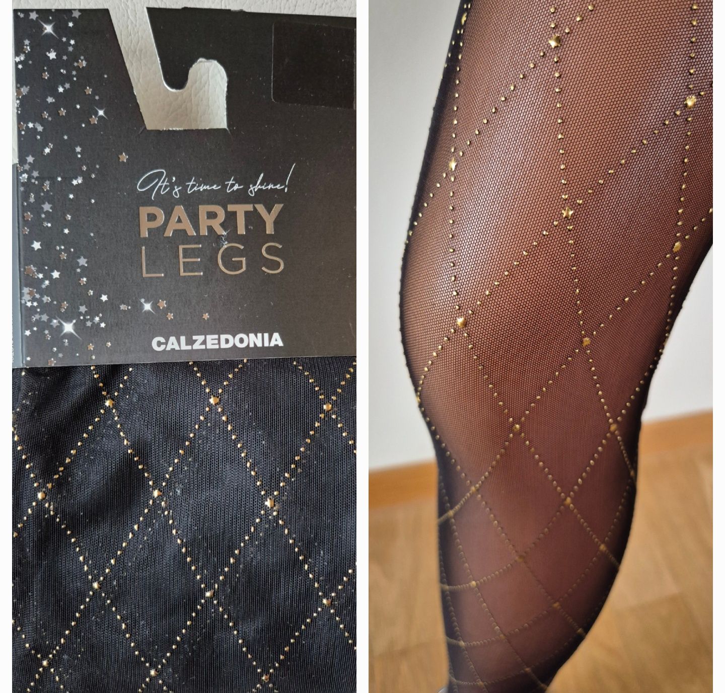Rajstopy Calzedonia S czarne złote tiulowe shiny party legs romby