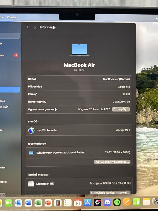 MacBook Air M2 16GB RAM/256B 13"6 Gwarancja|Akcesoria|Nowy