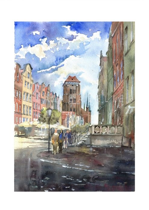 Akwarela Gdańsk Stare Miasto Kościół Mariacki
