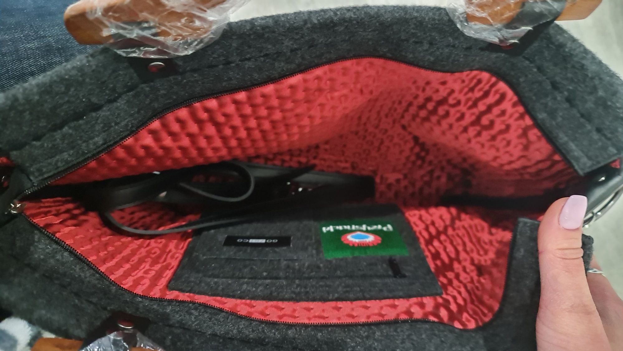Torba filcowa szara haftowana folk piękna nowa drewno