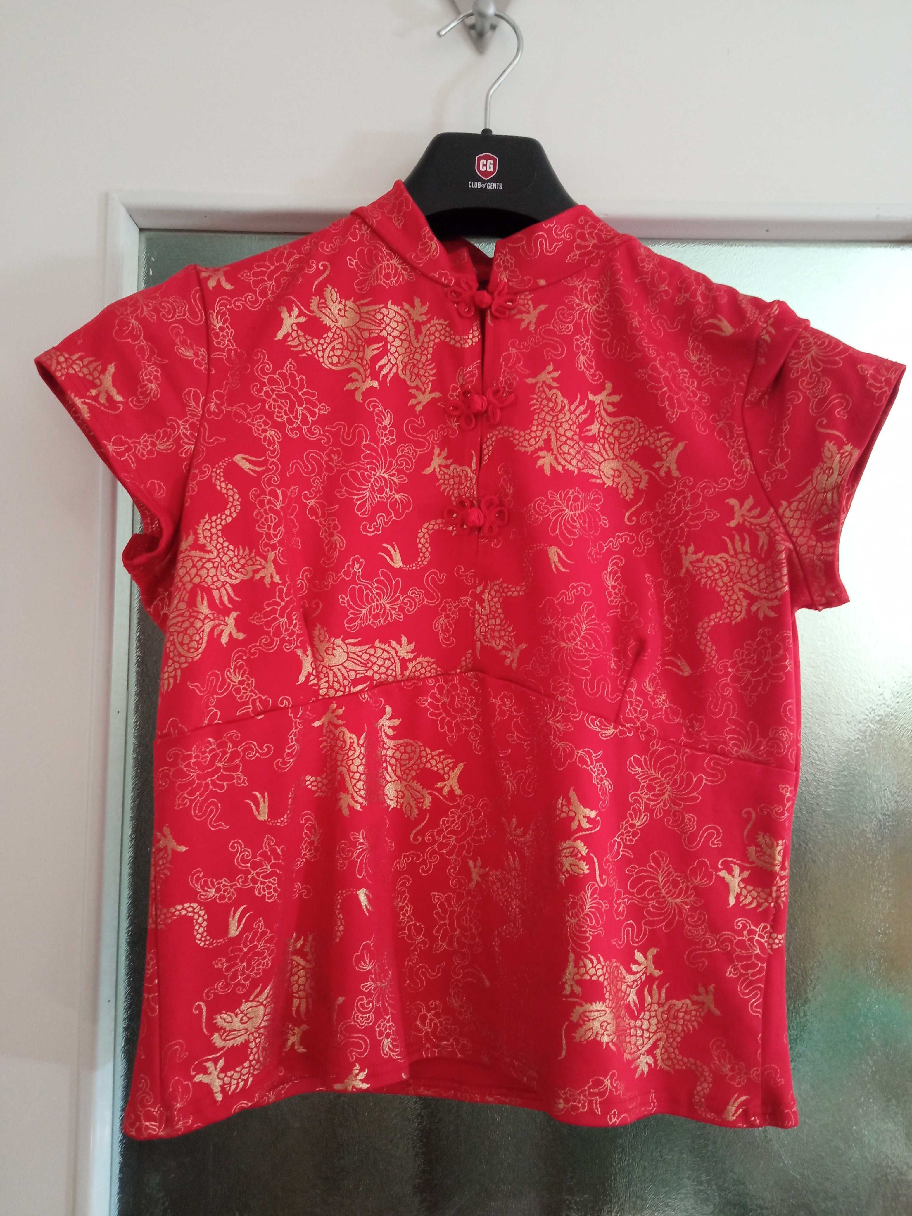 Koszula damska w stylu chińskim hafty elegancka, bluzka złote smoki