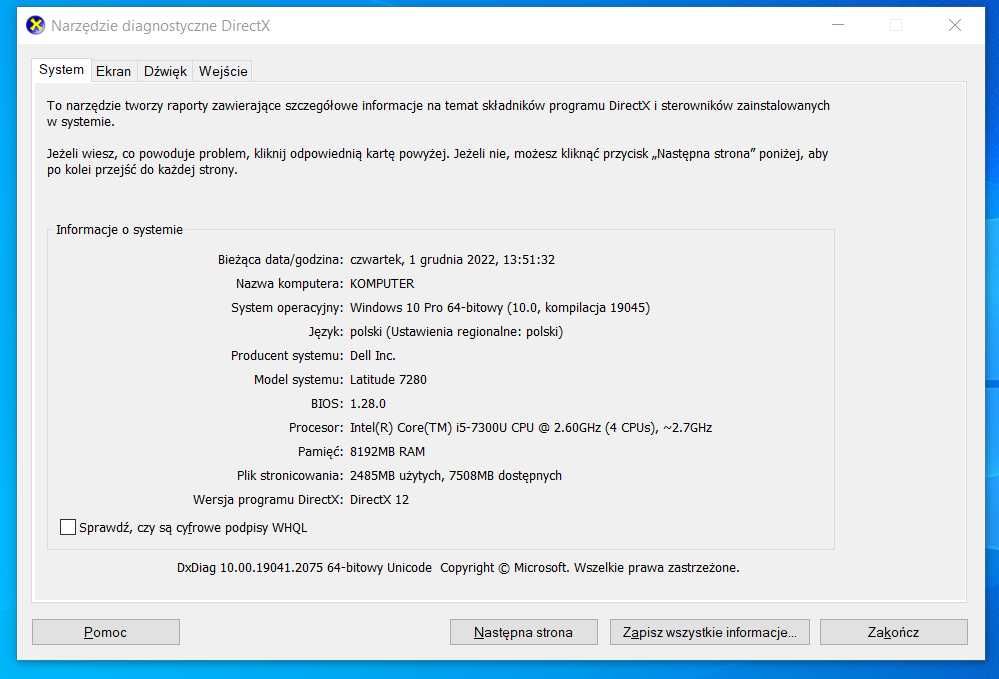 Dell Latitude 7280/i5-7300U / 8gb Ram / SSD M2 256 / Dotykowy 12.5 ips