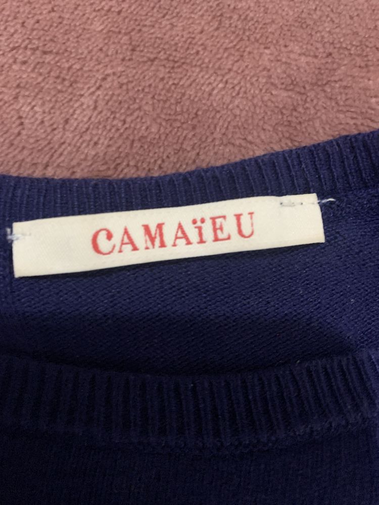 Camisola de mulher malha azul petróleo “Camaieu” tamanho M com laço