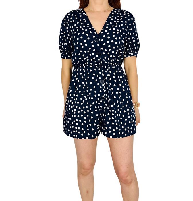 Granatowy kombinezon w groszki z krótkim rękawem S 36 Primark