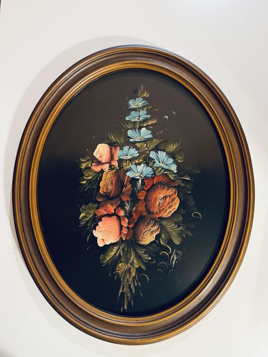 Quadro oval com pintura de óleo sobre tela 57,5cm X 47,5cm