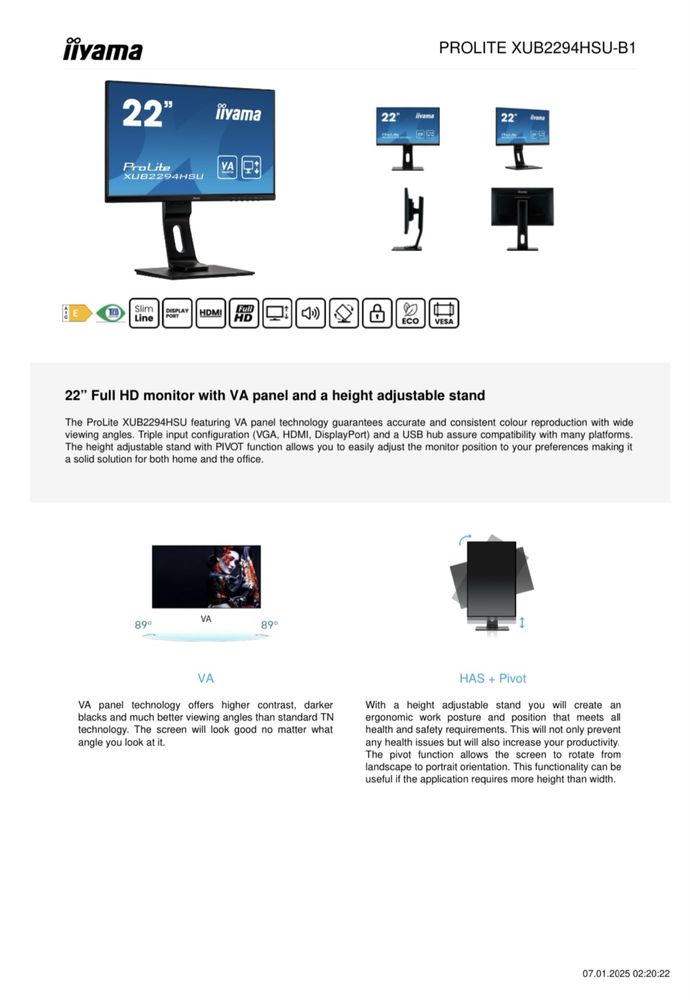 Monitor iiyama 21,5" ProLite (XUB2294HSUB1)