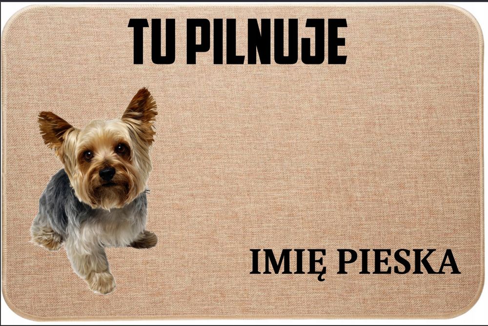 lniana wycieraczka wejściowa tu pilnuje + imię yorkshire terrier
