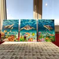 Conjunto 3 quadros parede canvas tartaruga fundo do mar