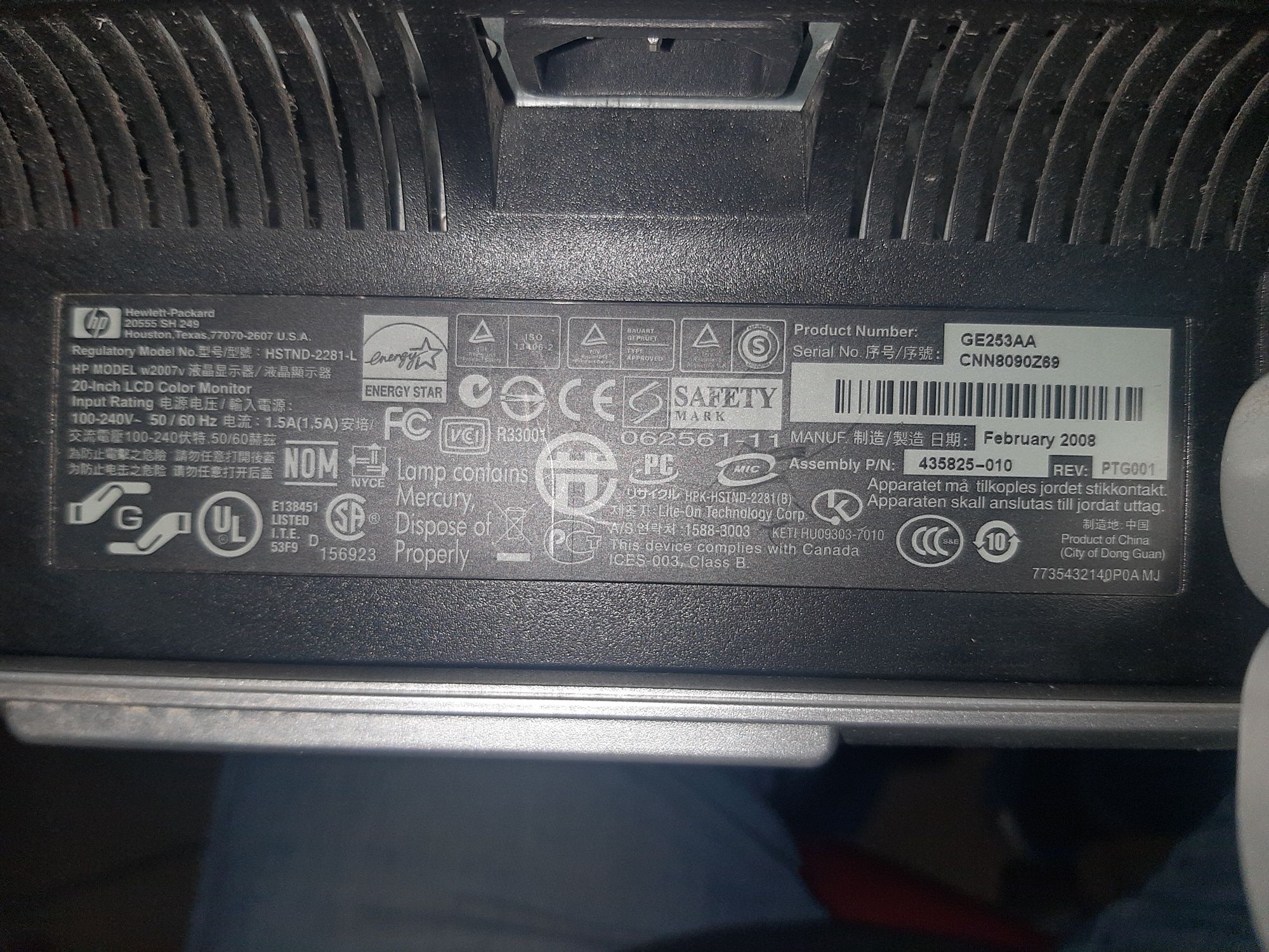 Monitor HP 20 inch LCD