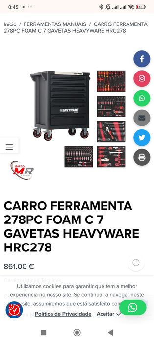 Carrinho de Ferramentas Como Novo - Heavyware HRC211 - 210 Peças