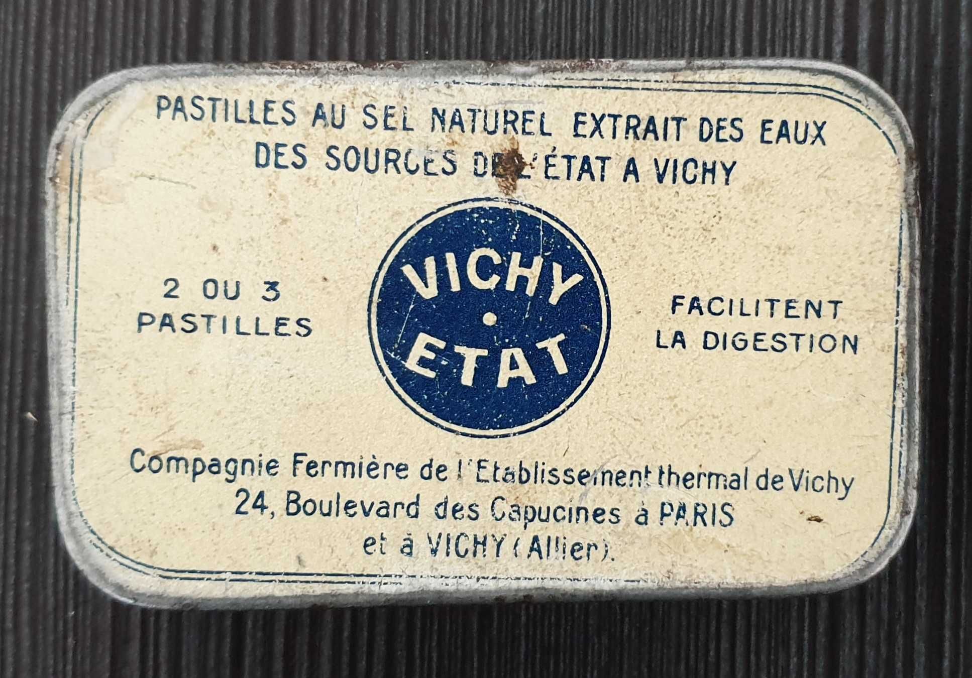 Metalowe opakowanie pastylek Vichy