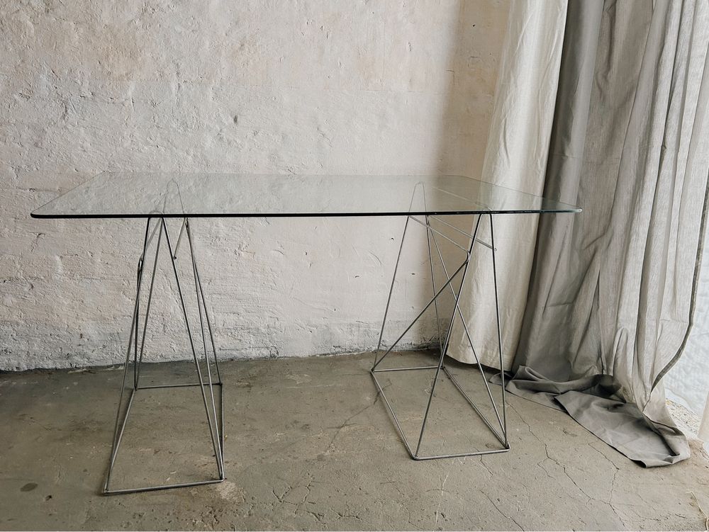 Szklany stół, biurko ze szklanym blatem, vintage na chromowanych nogac