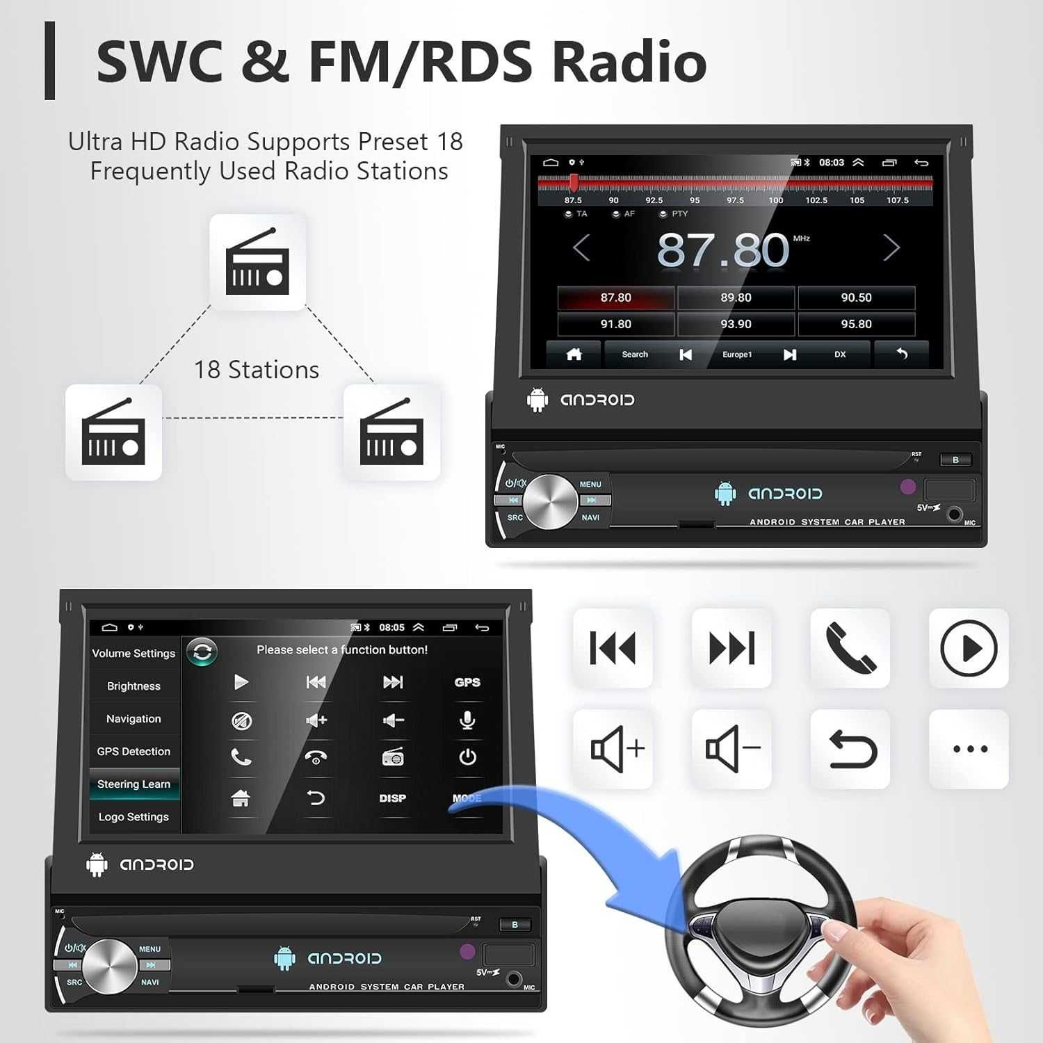 Radio 1 DIN android, ekran 7" GPS, , Bluetooth + KAMERA