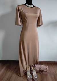 Sukienka H&M złota nude maxi długa rękaw motylek wciągana 38 M