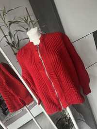 Czerwony sweter kardigan damski na zamek handmade