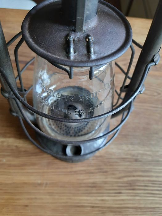 Stara lampa naftowa górnicza 6 D.R.PATENT, oryginalne szkło z napisami