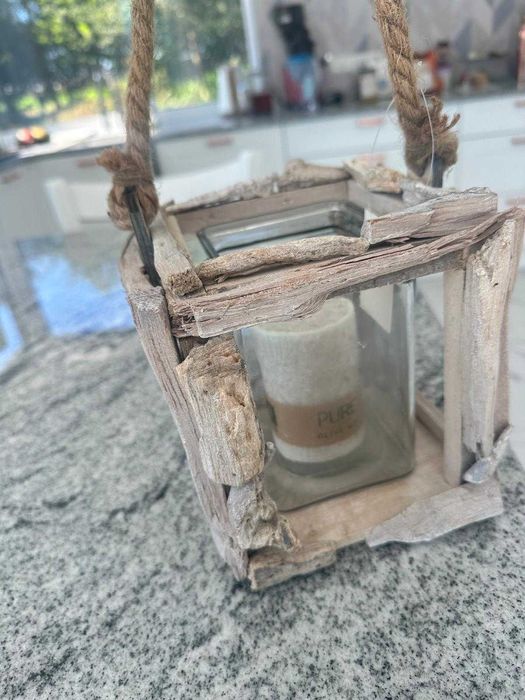 Lampion na świecę świecznik wiszący drewniany szkło NOWY!