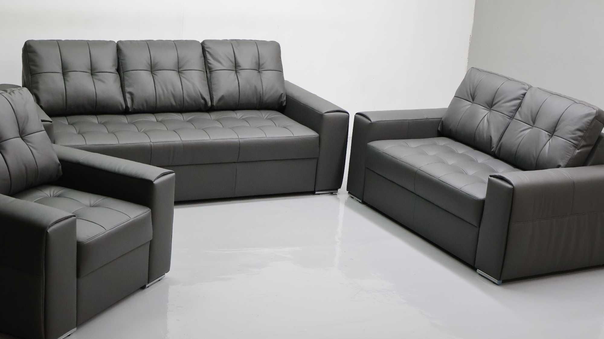 KOMPLET 3+2+1 sofy kanapy zestaw popielata SKÓRA naturalna 6492 w