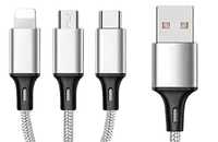 Kabel USB 3w1 do telefonu lightning micro usb typ c 1,2m srebrny