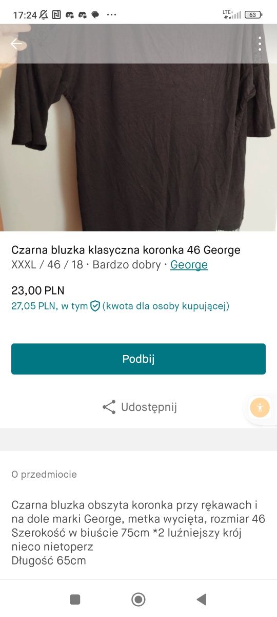 Czarna bluzka klasyczna koronka nietoperz George 46