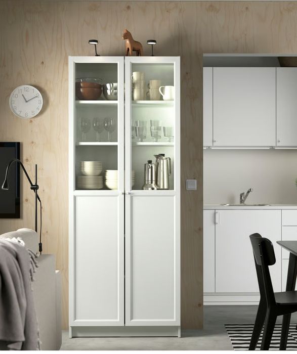 Estante c/painel/portas de vidro, branco, 80x30x202 cm