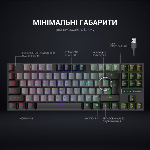 Клавиатура механическая проводная GamePro MK100R Red Switch TKL LED US