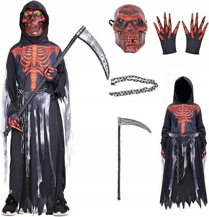 Strój Grim Reaper 7-9 lat 130-140 cm Maska LED Halloween Żniwiarz