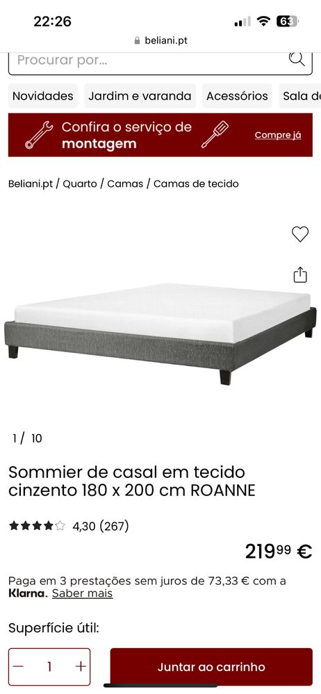 Sommier de casal em tecido cinzento 180 x 200 cm