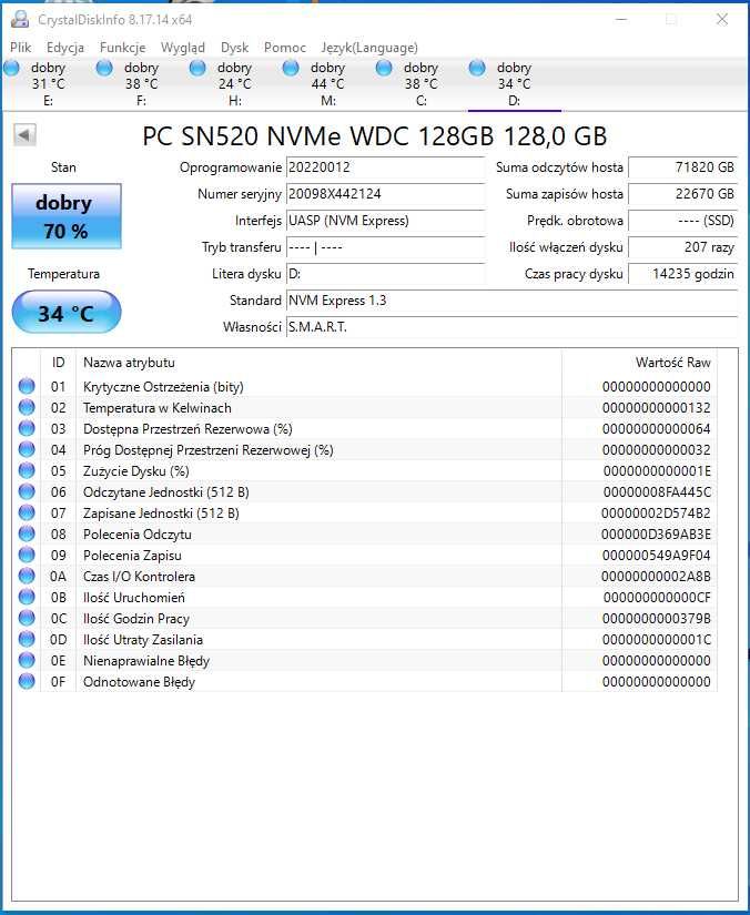 Dysk SSD M2 Western Digital PC SN520 WDC 128GB NVMe 2230 (WD-SN520-2)