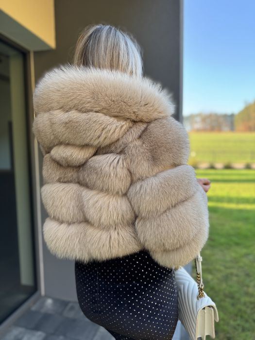 Futro 100% lis krótkie beżowe s/m kaptur naturalne premium nowe