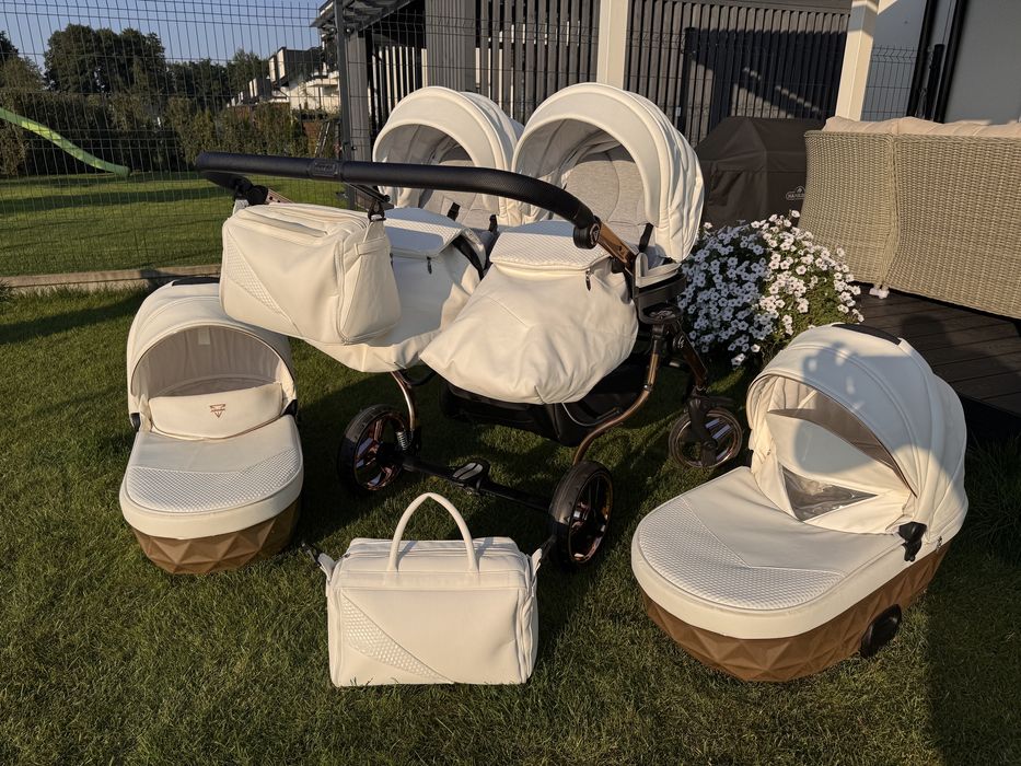 Wózek bliźniaczy Junama Duo Diamond Satin Mirror Rose Gold cały zestaw