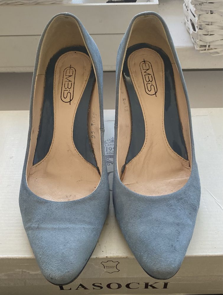 Buty na obcasie czółenka gołębi błękit 37 turkus skóra naturalna