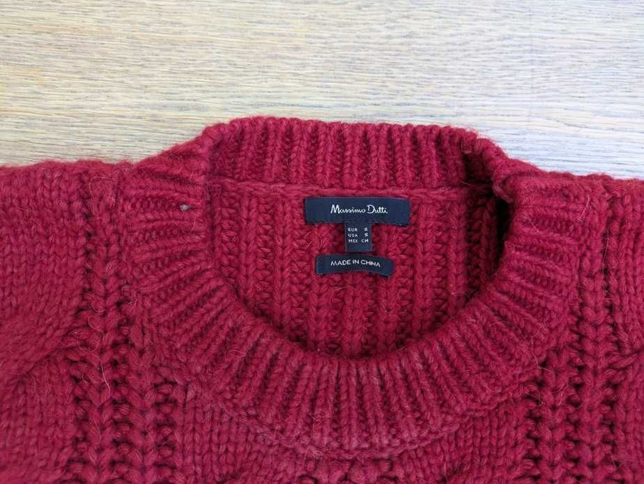 Massimo Dutti - krótki sweter ciemnoczerwony z wełną, rozm. S