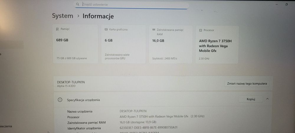 MSI Alpha 15 Ryzen 7 3750H, 16GB, RX5500, SSD+HDD WIN10