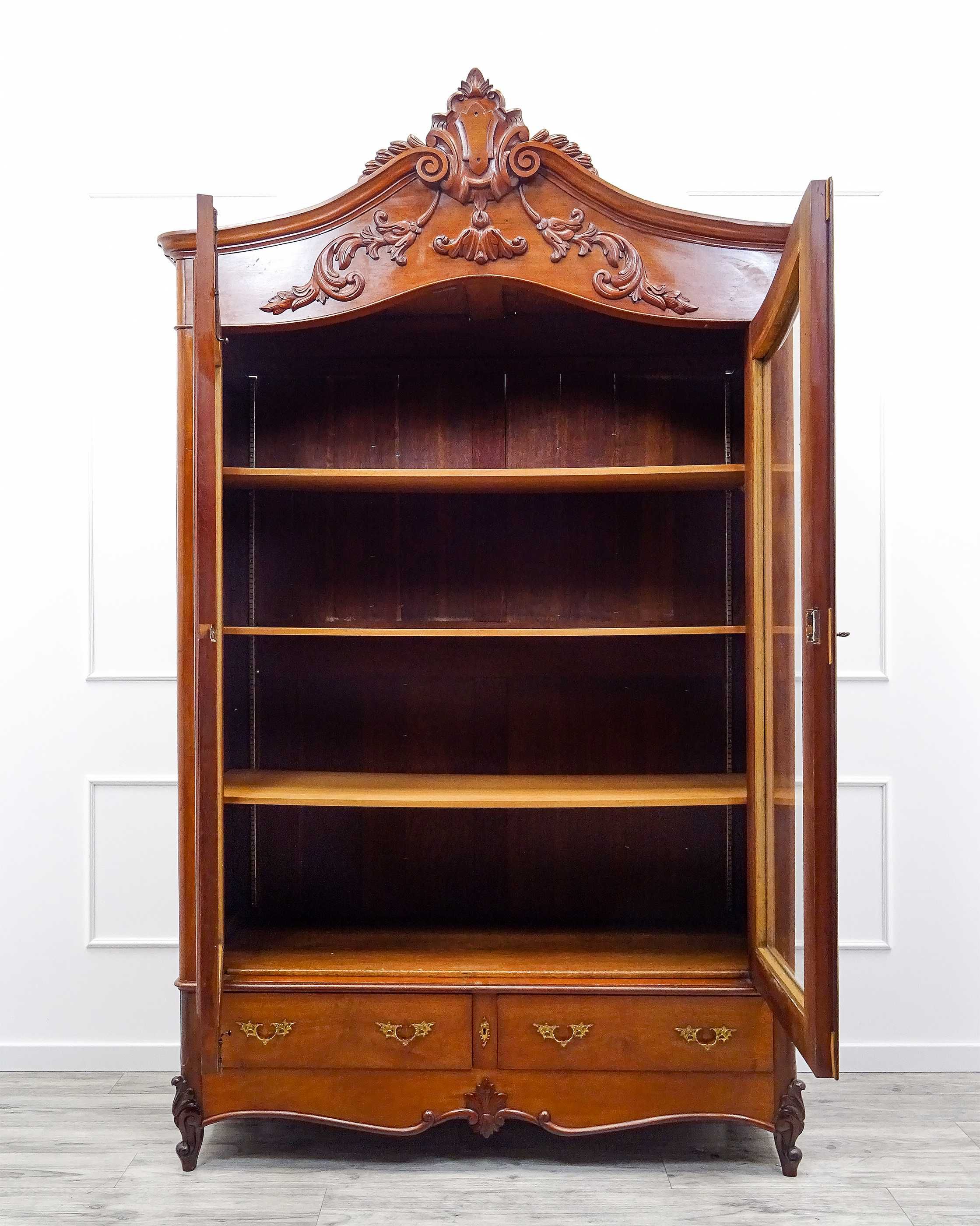 WITRYNA drewniana MAHOŃ BIBLIOTECZKA 3 półki szuflady Antyk lata 20.