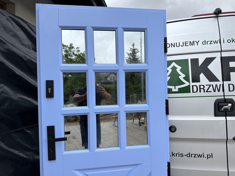 Drzwi zewnętrzne drewniane Amerykańskie  Niebieskie MONTAŻ CAŁA POLSKA