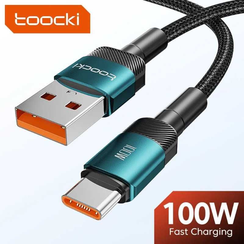 Kabel Ładowania TOOCKI 2m USB-A i USB-C Kabel z Oplotem Czarno-Zielony