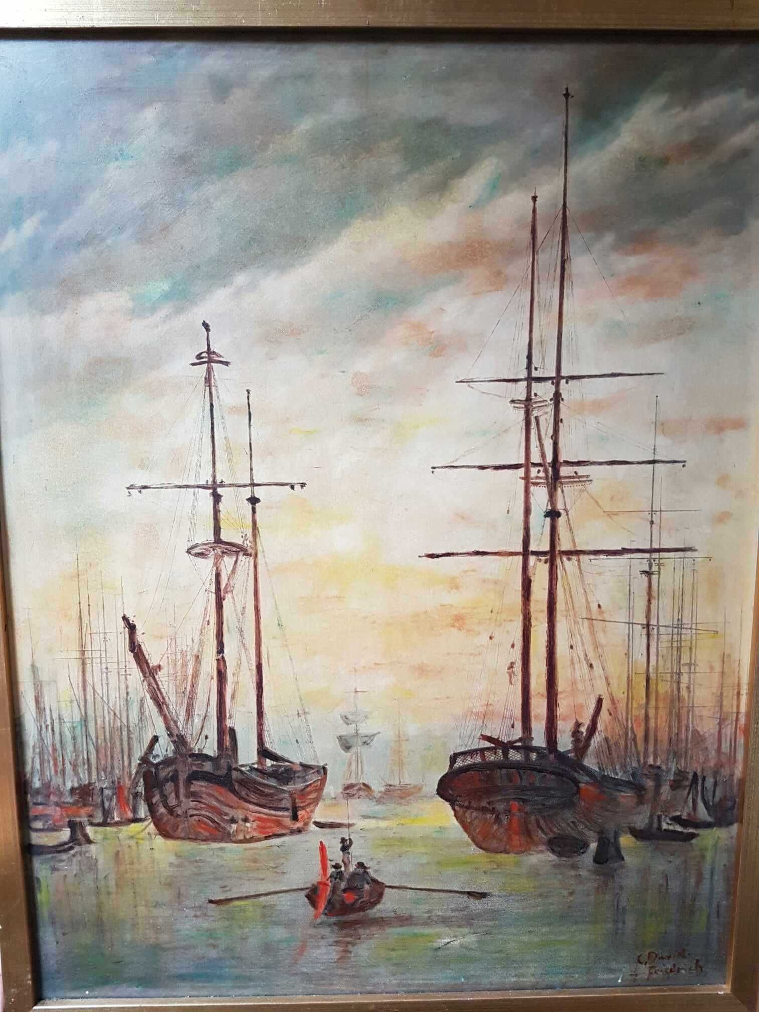 Obraz reprodukcja WIDOK NA PORT C.D. Friedrich w złotej ramie 46x59 cm