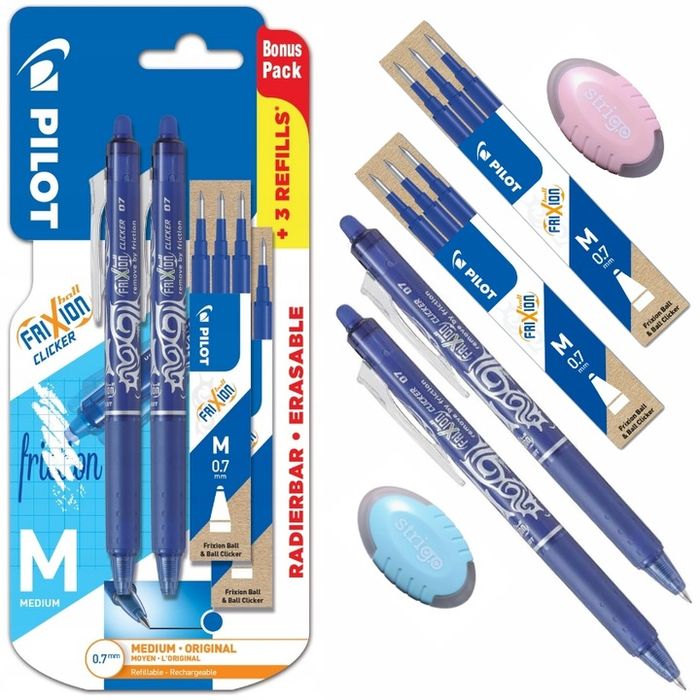 2 X Długopis Ścieralny Wymazywalny Frixion Clicker + 6 Wkładów + Gumka
