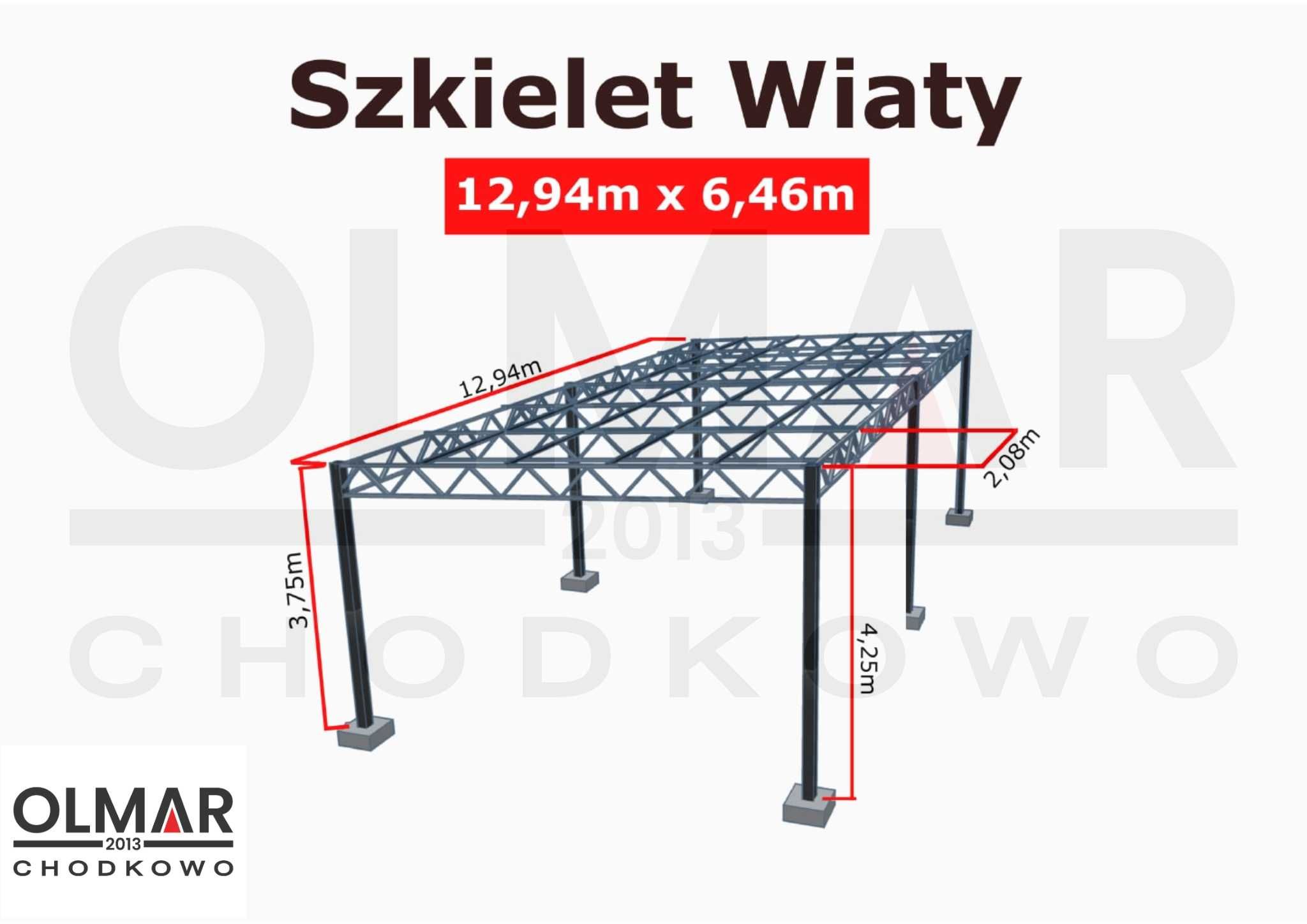 Stelaż wiaty 12,94m x 6,46m z łatami na dach.