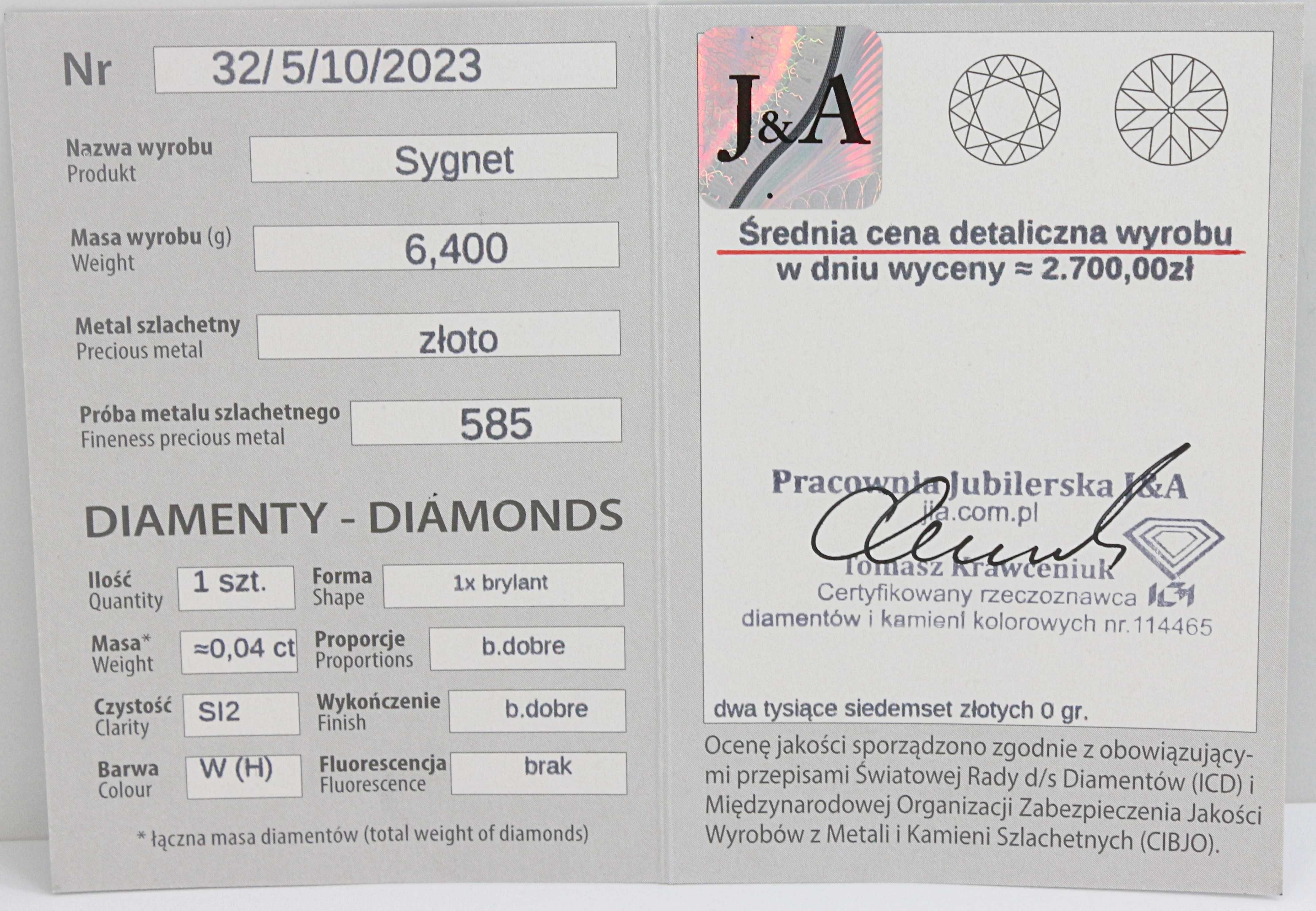 Złoty męski sygnet 585 6,4G Z DIAMENTEM 0,04CT rozmiar 29 CERTYFIKAT