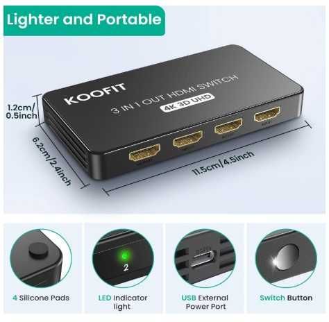 Плата перемикання KOOFIT QHQ-001 - HDMI Switcher 3x1 3D, UHD, 4K/60 Гц