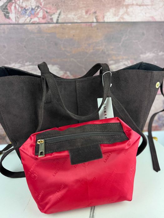 Torebka zamszowa shopper skórzany z możliwością powiększenia torby